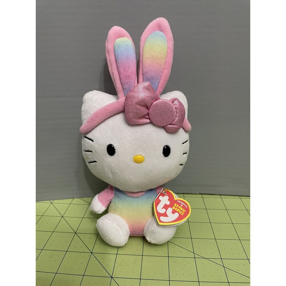 TY Sanrio Hello Kitty Beanie Baby Rainbow Bunny Ears Plush Stuffed Animal w/ Tag